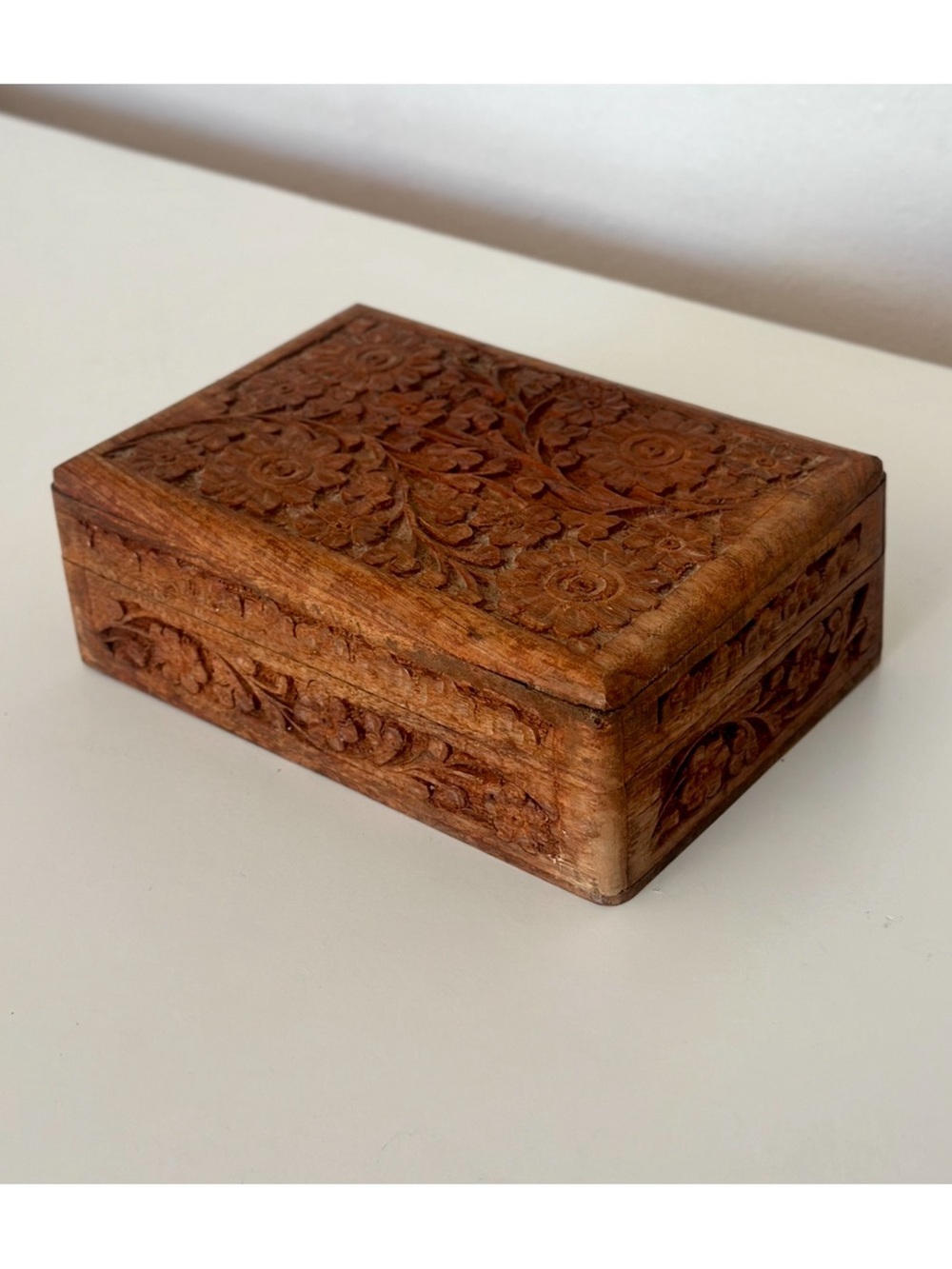 Vintage Hand Carved Wooden Jewelry Box Floral Hinged Trinket Keepsake Box